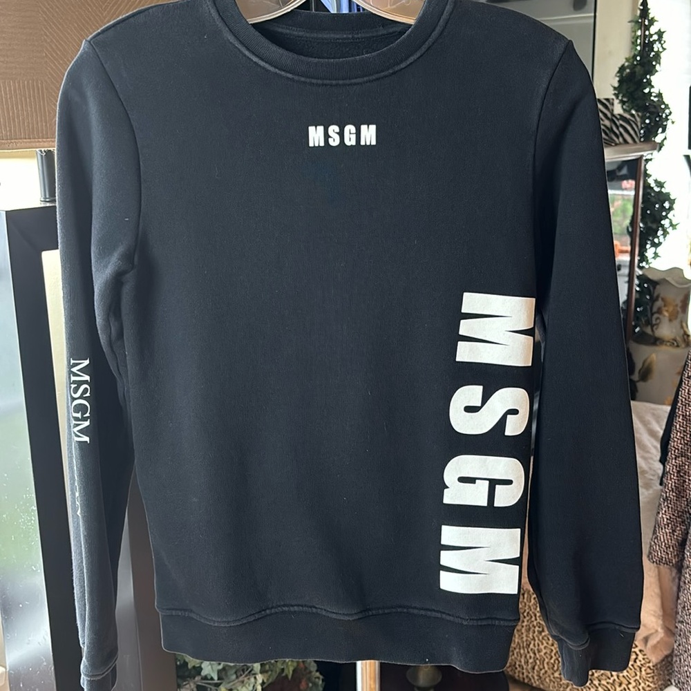 MSGM Times New Roman black sweatshirt with white and pink logo, size small.